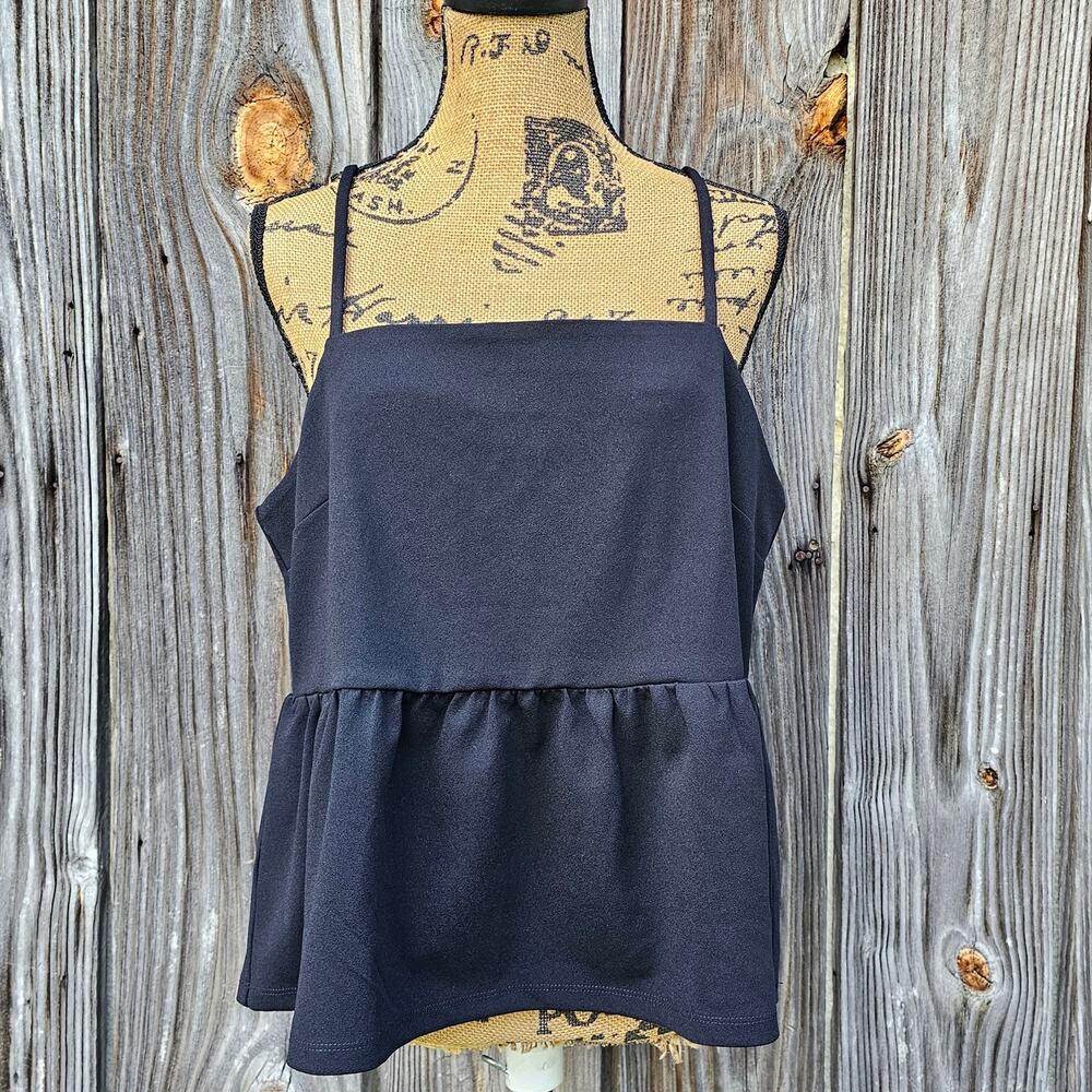 Square Neck Tank Ann Taylor Size L Black Stretch Sleeveless Peplum Top Shirt NWT